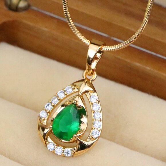 "Teardrop Green Gem Pendant with Crystal Halo in Gold Plated Finish, XPPT1796 - Picture 1 of 13